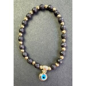 Natural Black Lava Stone Bracelet Blue Evil Eye‎ Stretch Bead Protection Unisex